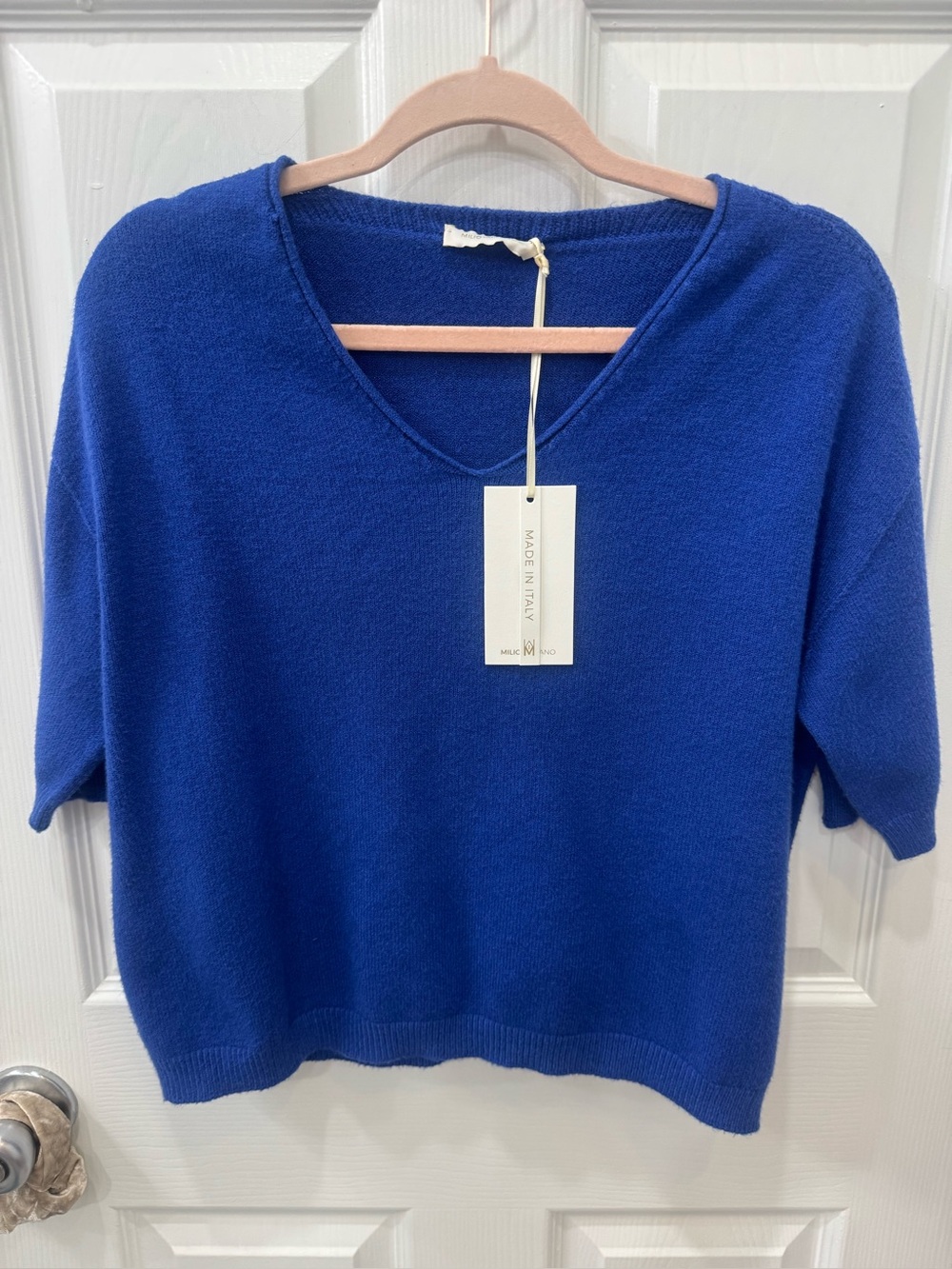 Milio Milano Italian V-Neck 3/4 Sleeve royal blue Knit sweater- sz Small NWT